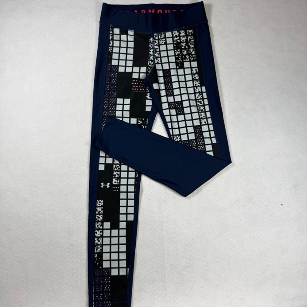 Under Armour HeatGear Compression Leggings Medium Navy Blue Geometric Grid Print - Picture 2 of 11
